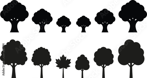 Set of diverse black silhouette trees