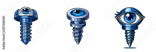 Set of surreal screws with blue eyes incorporated into their heads, symbolizing vigilance and surveillance