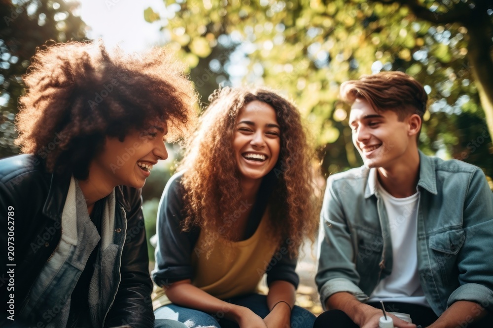 Fototapeta premium Cheerful teenagers sitting together laughing outdoors adult.