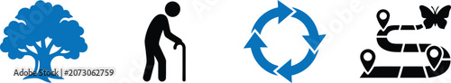 Fotografie Life Cycle and Aging Journey Vector Icon Collection featuring oak tree, elderly senior, circular ecosystem loop, and transformation path symbols