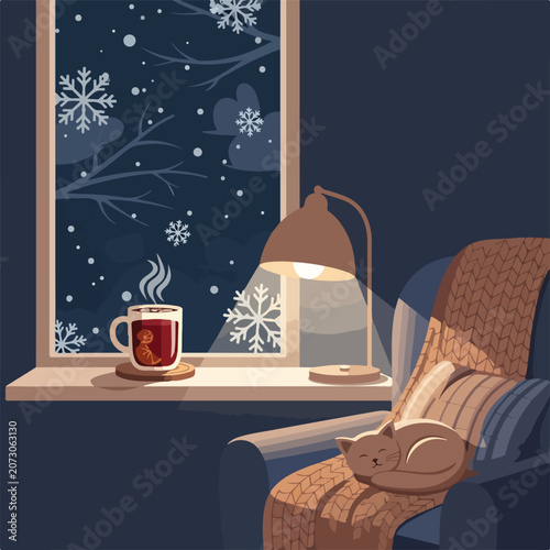 Cozy interior with cat by window