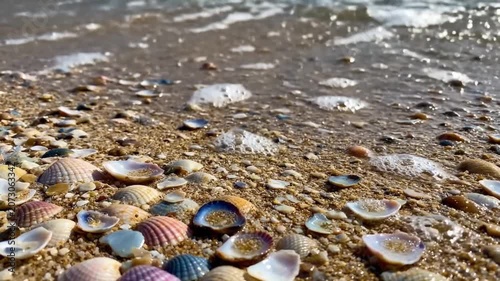 Close low-angle motion showing gentle wave advancing across shell-strewn coarse sand, foam edge washing over scattered intact and broken scallop shells and tiny pebbles, leaving glossy wet surface