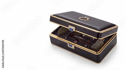 Elegant dark brown leather vanity case featuring gold accents and precious gemstone details for luxury storage