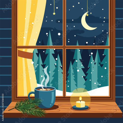 Cozy winter scene by a window with a cup and candle