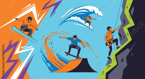 Extreme sports illustration with four athletes