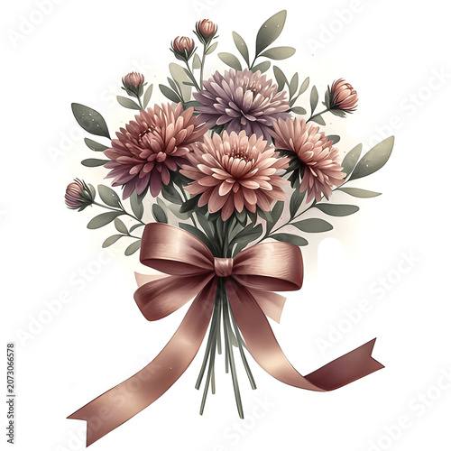 Elegant Pink Flower Bouquet Illustration – Detailed Botanical Artwork with Satin Ribbon Bow
