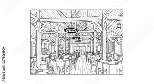фотографія Rustic banquet hall with timber beams and round tables