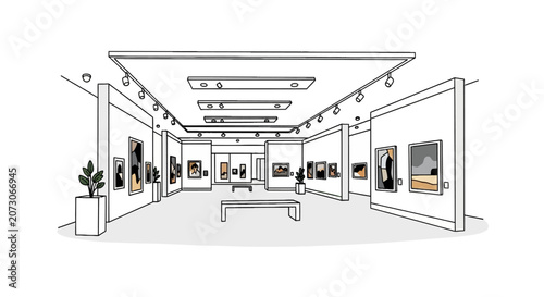 Foto Contemporary art gallery with framed paintings and spotlights