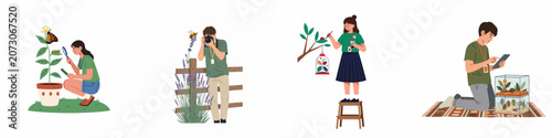 Photos Set of young entomologists and nature enthusiasts studying and documenting various insects like butterflies, bees, and ladybugs in different environments