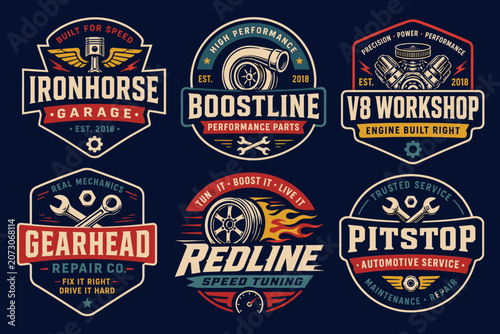 Set of six vintage automotive garage and speed tuning workshop emblems with classic car parts and retro typography.