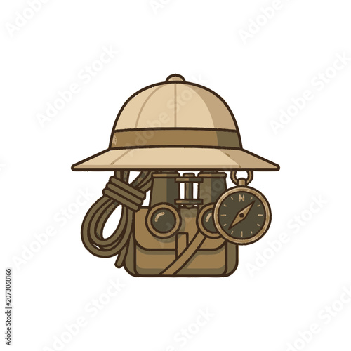 Safari Adventure Gear: Pith Helmet, Binoculars, Compass, and Rope