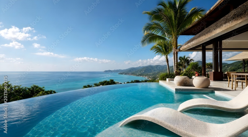 Fototapeta premium Infinity swimming pool at luxury tropical resort overlooking ocean