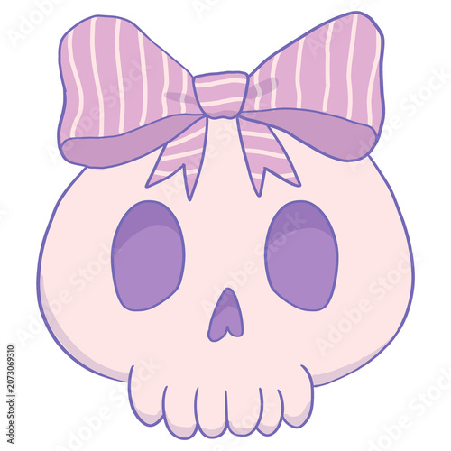 cute pink skull cartoon illustration wearing a striped purple hair bow, girlish skeleton, Hand-drawn style clipart 