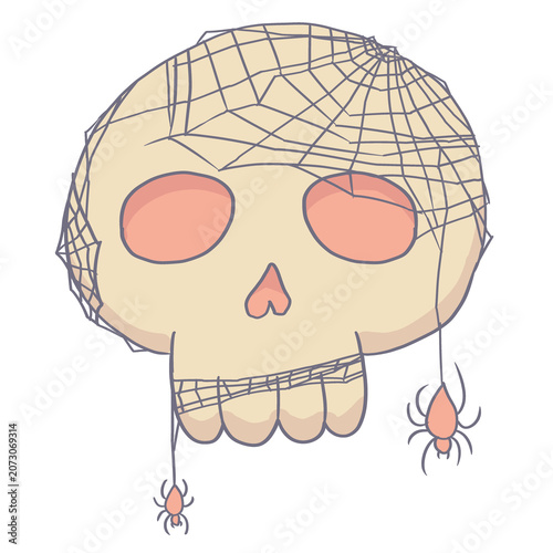 Cute kawaii skull covered in spider web with two hanging spiders, Halloween cartoon illustration in soft pastel tones. Hand-drawn style clipart 