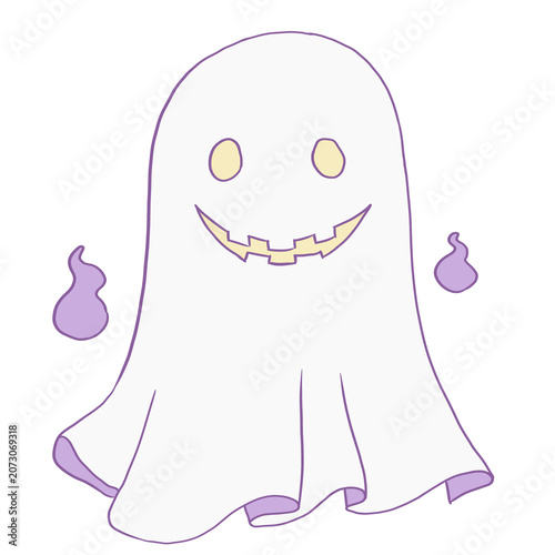 cute cartoon ghost illustration with a spooky smile and small purple flames, Hand-drawn style clipart 