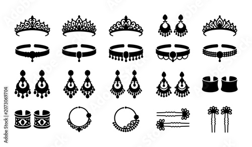 Fotografie Traditional Indian jewelry icons set, black silhouette bridal ornaments includin