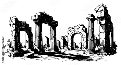 Εκτύπωση καμβά Ancient greek ruins with columns and stone archways in detailed architectural sk