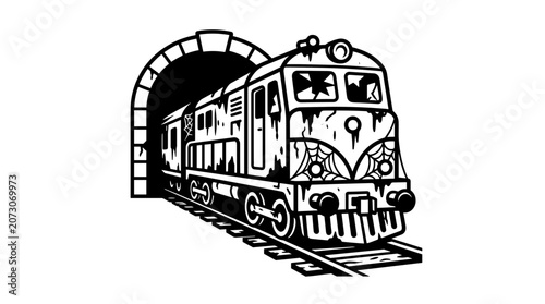 Old Train Emerging From Dark Tunnel Illustration.