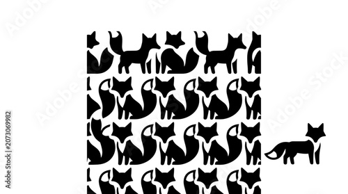 Pattern of black foxes with one fox standing alone.