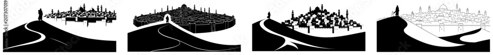 Obraz premium Desert landscape with sand dunes and ancient middle eastern city skyline in silhouette style