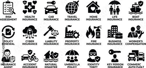 Comprehensive Set of Insurance Services and Protection Policy Icons
