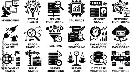 Professional Set of System Monitoring, Infrastructure, and Server Performance Analysis Icons