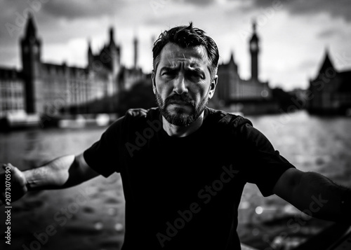 A black and white image of a man with his arms outstretched against a city backdrop