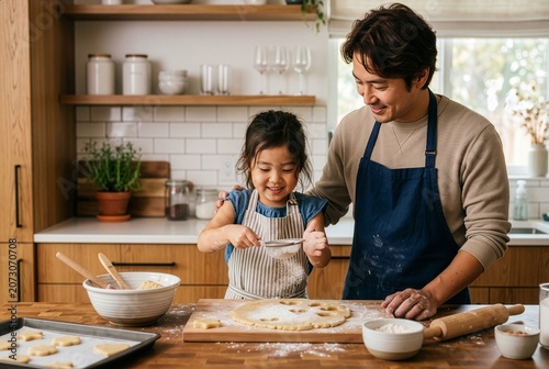 Japanese father and daughter baking cookies together in modern bright kitchen