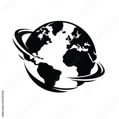 Earth connectivity vector illustration black white globe with continents orbital motion lines global communication worldwide interaction design
