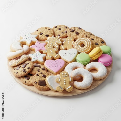 Assortment of Delicious Holiday Cookies and Macarons on a Wooden Platter.