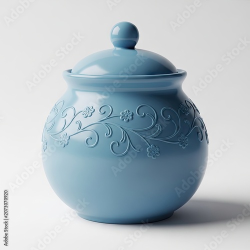 Elegant Blue Ceramic Sugar Bowl with Embossed Floral Design and Lid.
