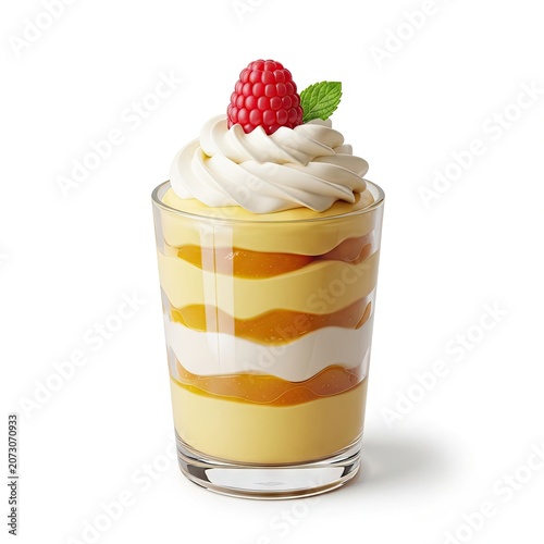 Delicious Mango Parfait with Whipped Cream and Raspberry Topping.