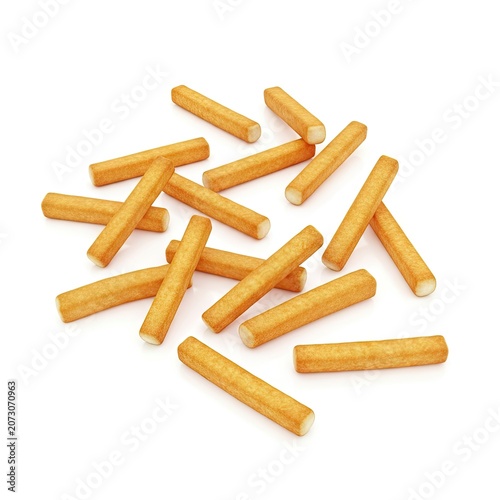 Pile of crispy golden brown snack sticks on a white background.