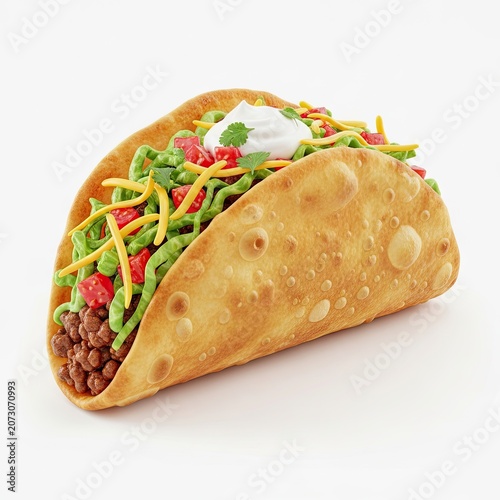 Delicious Crispy Taco with Savory Filling and Fresh Toppings on White Background.