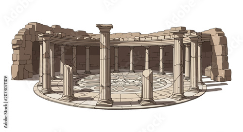Foto Circular ancient stone ruins with tall columns and patterned floor
