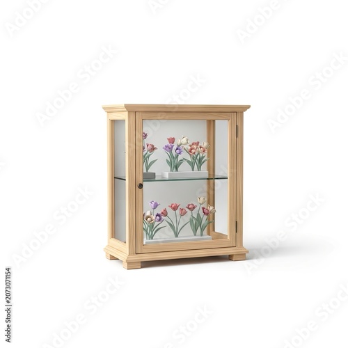 Wooden Display Cabinet with Glass Doors and Floral Decorations.
