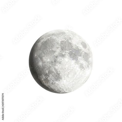 Full Moon Isolated on White Background with Detailed Craters and Lunar Surface Texture.