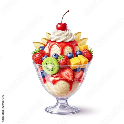 Delicious Ice Cream Sundae with Fresh Fruits and Whipped Cream.