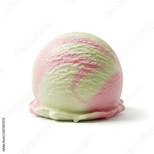 Single Scoop of Swirled Pink and Green Ice Cream on White Background.
