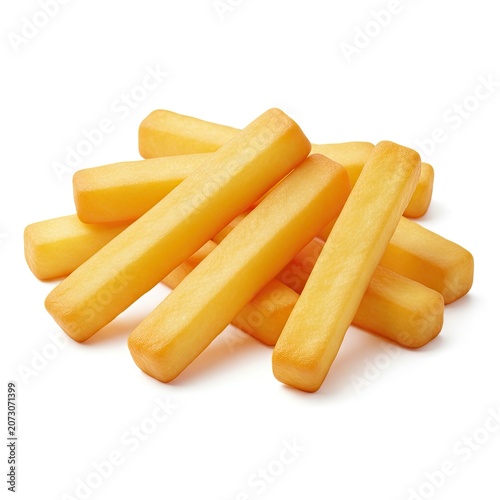 Pile of golden crispy thick cut french fries isolated on a white background.
