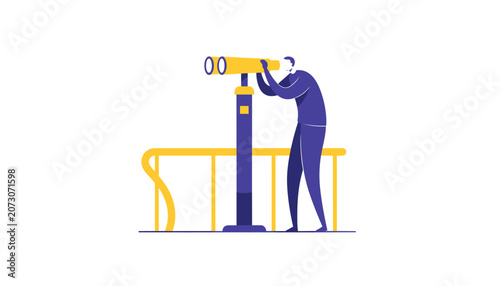 Person looking through a large street telescope or binocular stand while visiting an observation deck to view the distant scenery or city landscape.