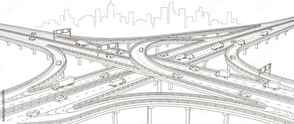 Obraz premium Highway Interchange Line Art Vector with City Skyline and Traffic