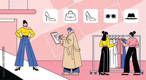 Fashion illustration of people shopping and styling