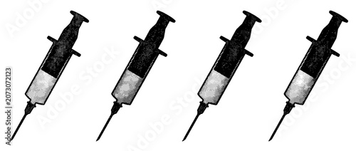 This image features a collection of vector-style halftone syringes, highlighting the medical theme and the artistic representation of healthcare tools.