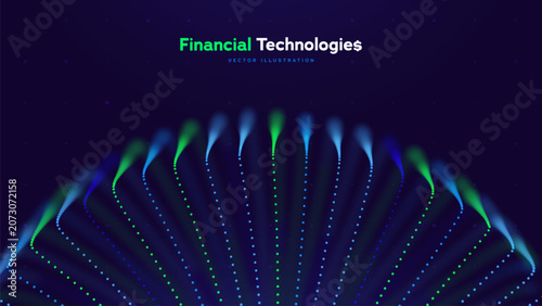 Fintech Technology Data Finance Digital Network Creates A Glowing Market Visualization For Banking Platforms, Payment Services, Investment Reports, And Brand Presentation Design. Vector Illustration.