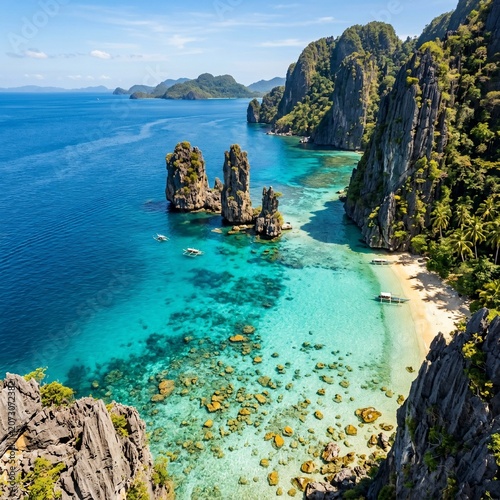 Tropical island paradise with crystal clear waters and rocky cliffs