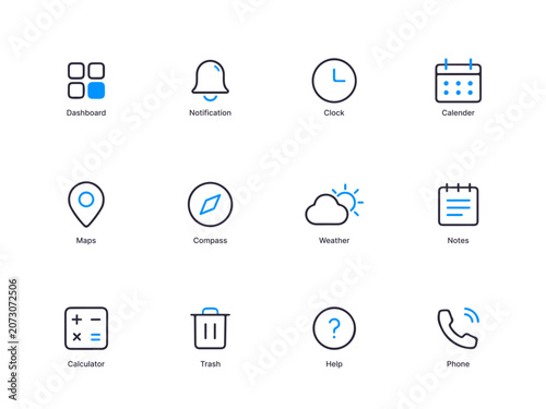Set of line icons for user interface elements and symbols
