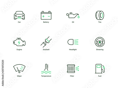 Automotive Service Icons Set, Line Art Style