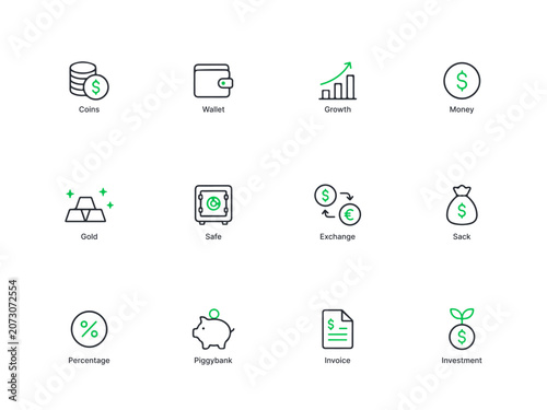 Financial icons set with money symbols and banking illustrations