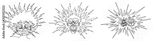 Foto Expressive cartoon character faces with explosion and anger shockwaves in line a